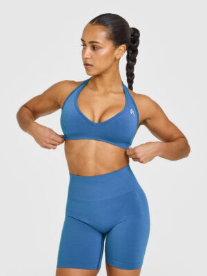 EFFORTLESS SEAMLESS HALTER NECK SPORTS BRA WITH WHITE LOGO