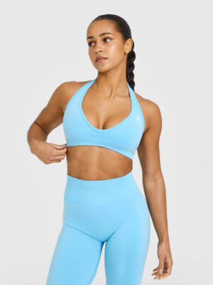 EFFORTLESS SEAMLESS HALTER NECK SPORTS BRA WITH WHITE LOGO