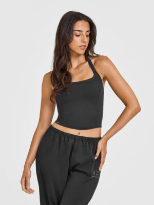 MELLOW RIB HALTER NECK MID TANK TOP WITH BUILT IN BRA SHELF