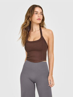 MELLOW RIB HALTER NECK MID TANK TOP WITH BUILT IN BRA SHELF