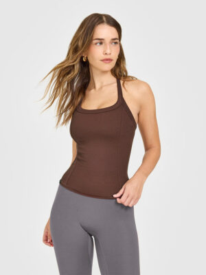 MELLOW RIB HALTER NECK TANK TOP WITH BUILT IN BRA SHELF