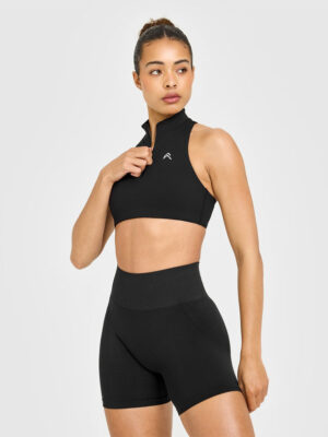 EASYLIFT ZIP HIGH NECK SPORTS BRA WITH WHITE LOGO