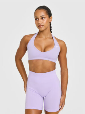 EFFORTLESS SEAMLESS HALTER NECK SPORTS BRA WITH WHITE LOGO