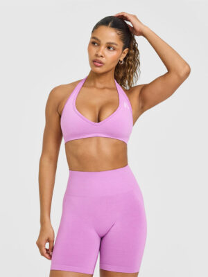 EFFORTLESS SEAMLESS HALTER NECK SPORTS BRA WITH WHITE LOGO