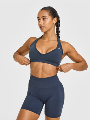 EFFORTLESS SEAMLESS HALTER NECK SPORTS BRA WITH WHITE LOGO