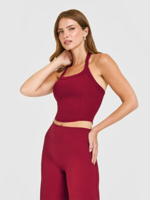 MELLOW RIB HALTER NECK MID TANK TOP WITH BUILT IN BRA SHELF